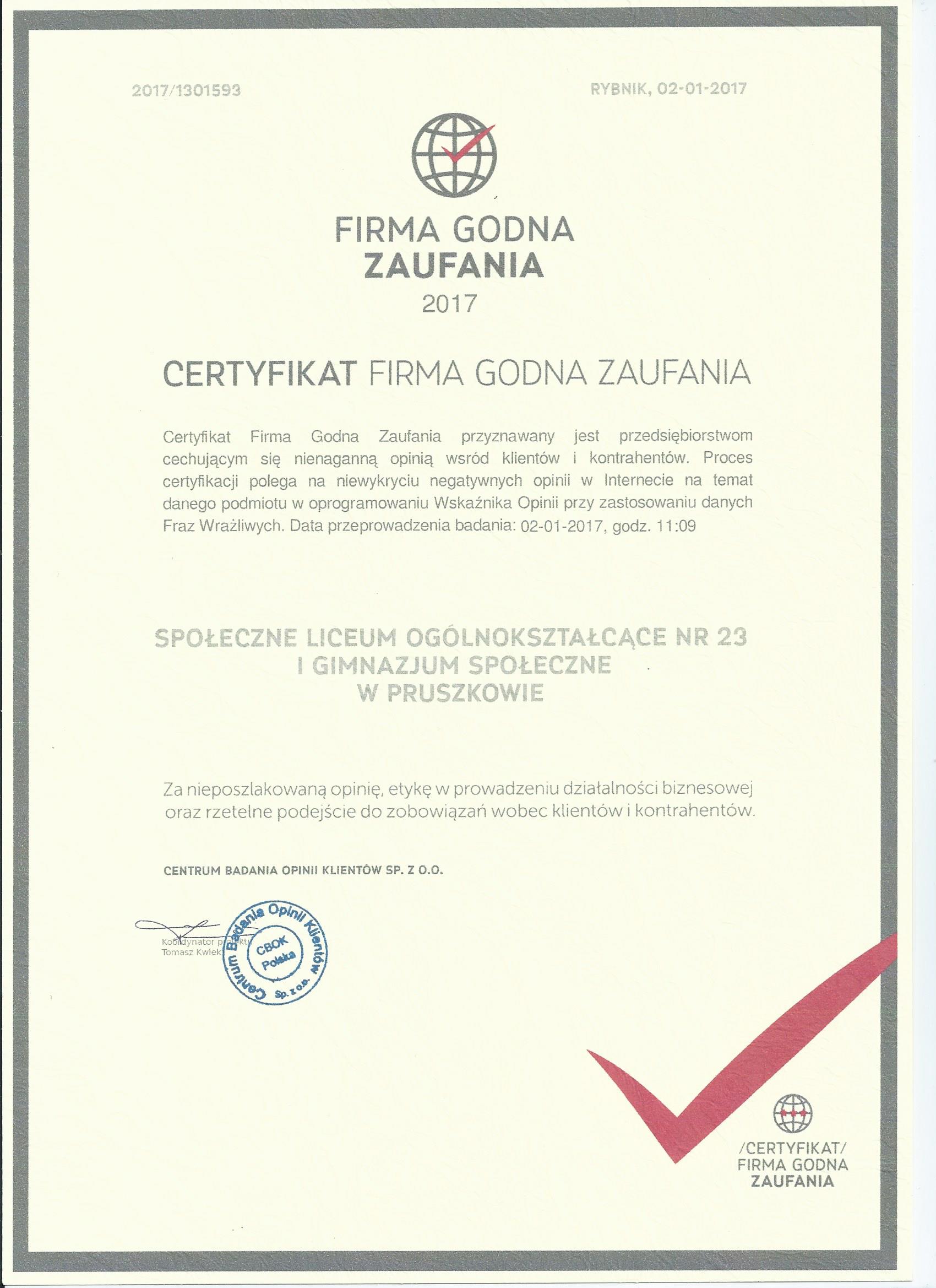 Rozdanie nagród firma godna zaufania liceum Pruszków