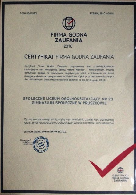 Rozdanie nagród firma godna zaufania liceum Pruszków 2