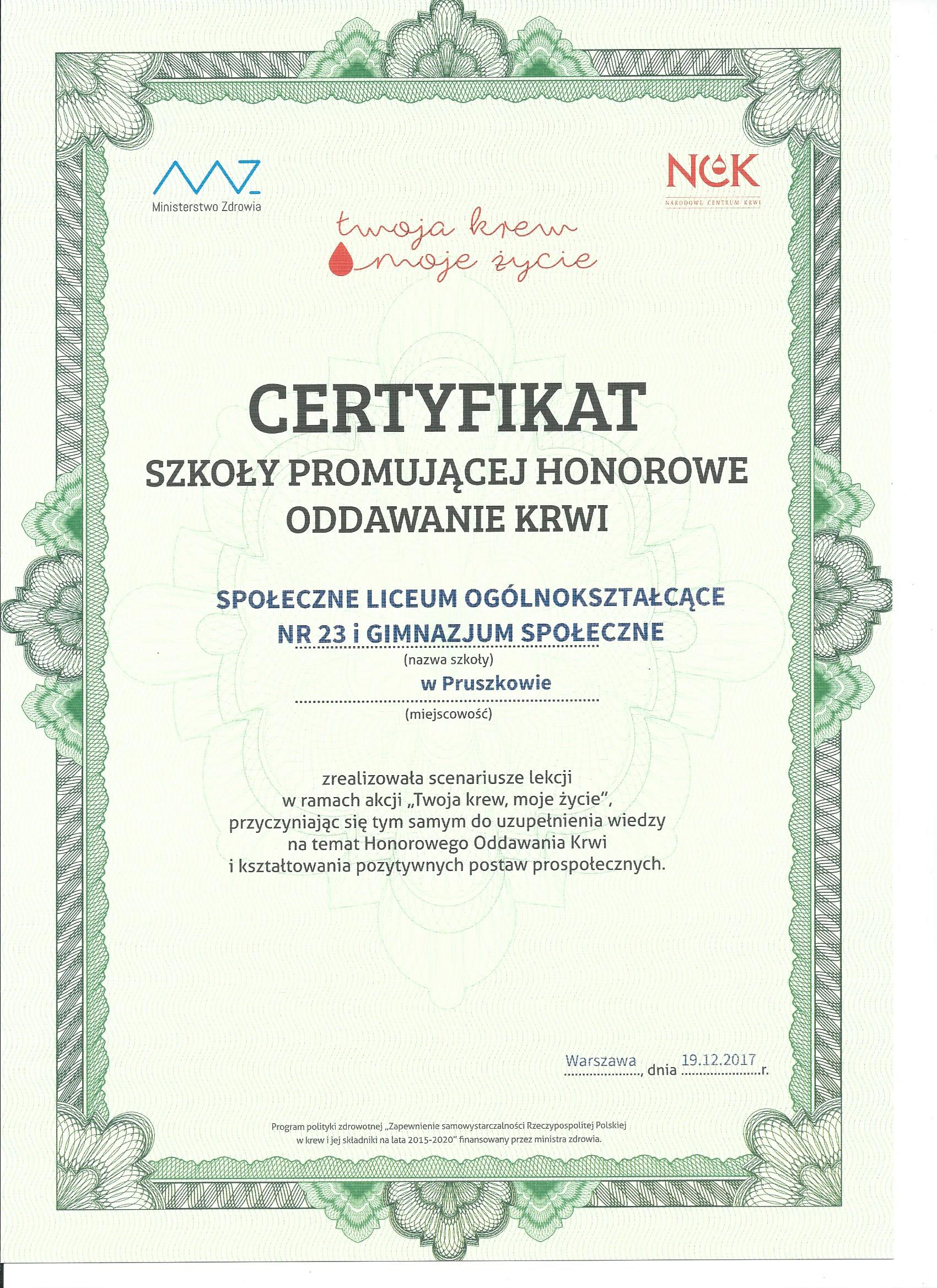Rozdanie nagród krwiodawstwo liceum Pruszków